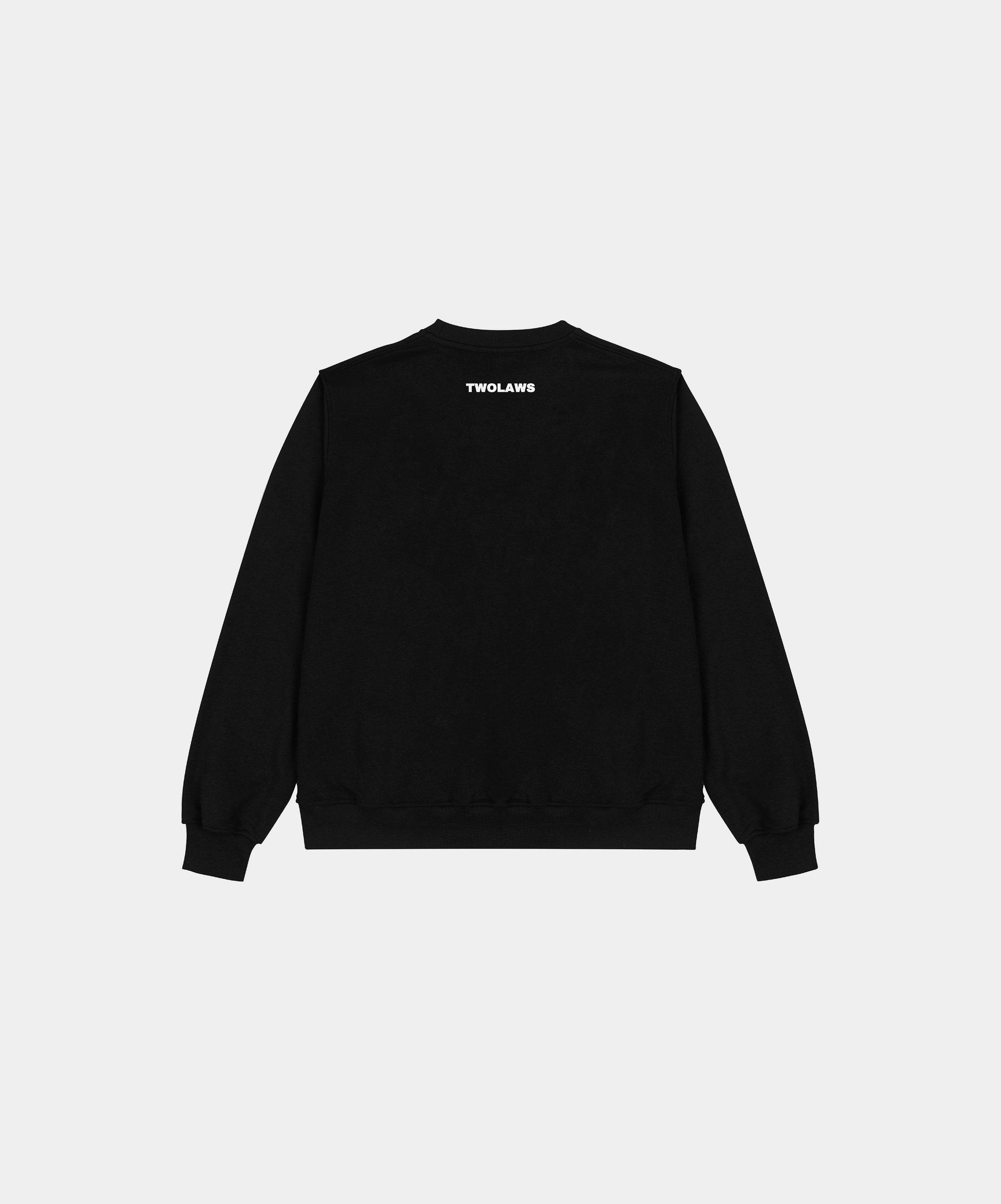 Oversized black streetwear sweatshirt with 'Faith & Patience' printed on front and TWOLAWS logo on back.
