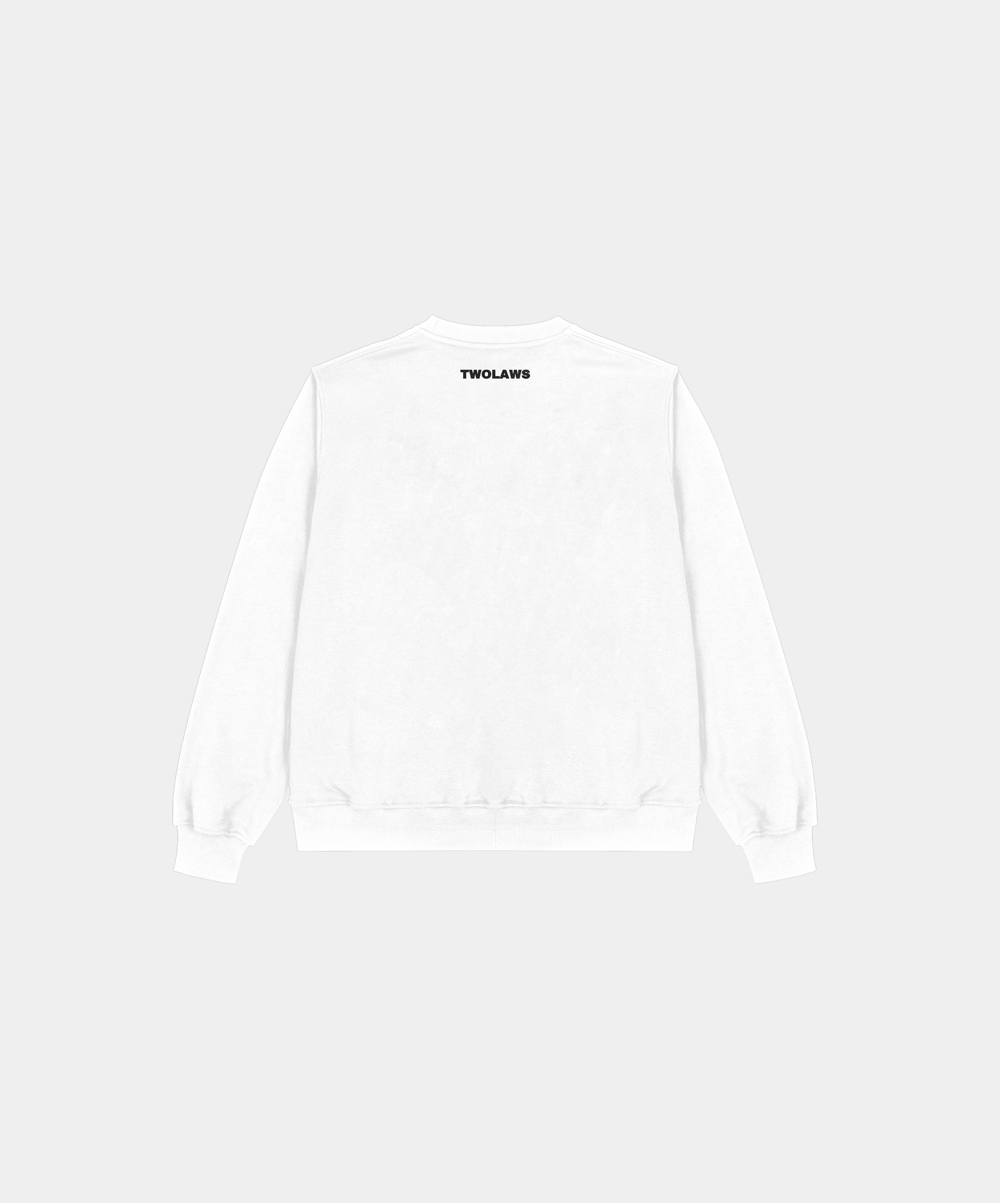 Oversized white streetwear sweatshirt with 'Faith & Patience' printed on front and TWOLAWS logo on back, crisp white.