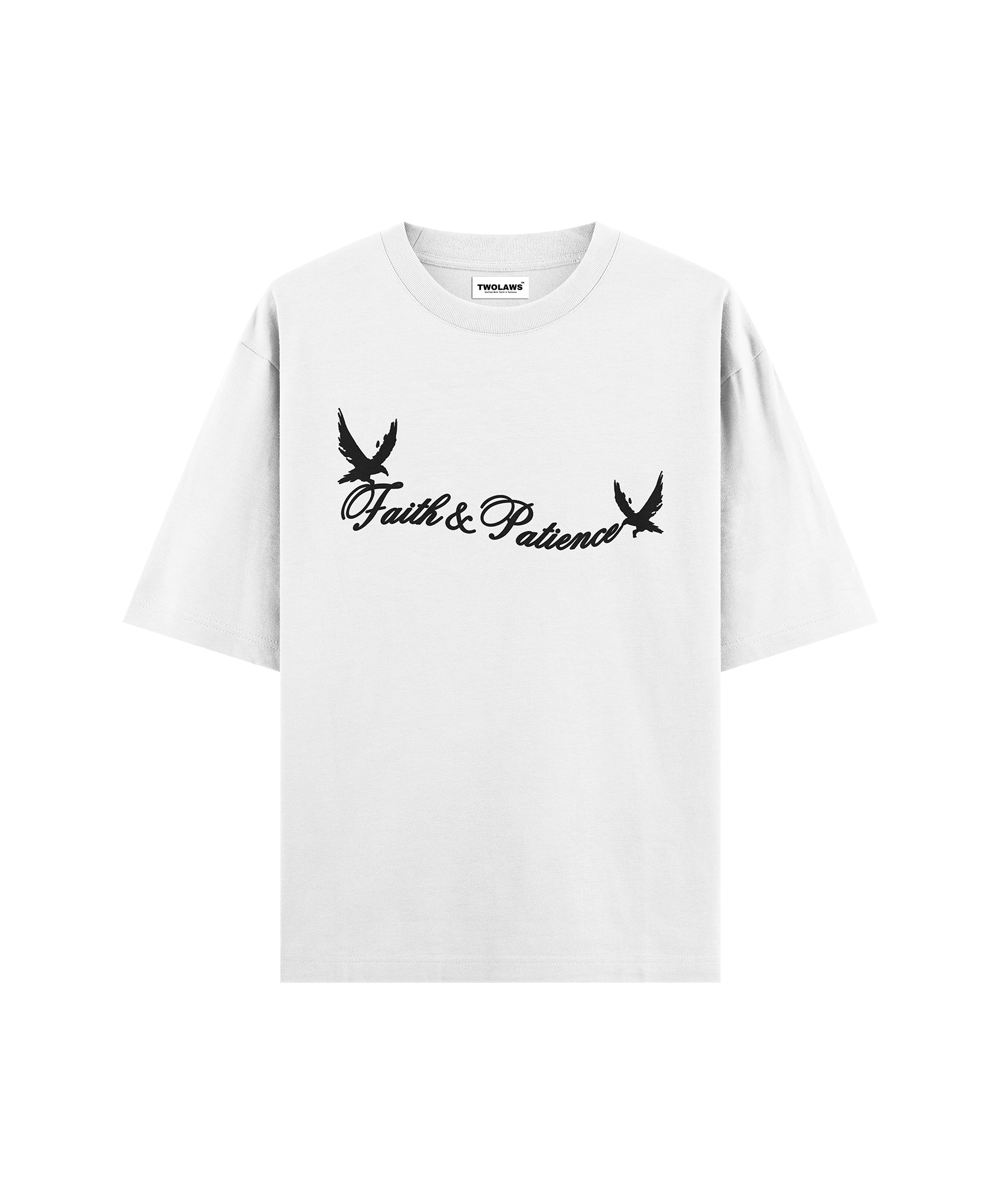 Front view of TWOLAWS Faith & Patience T-shirt White with puff-printed text and twin bird design.